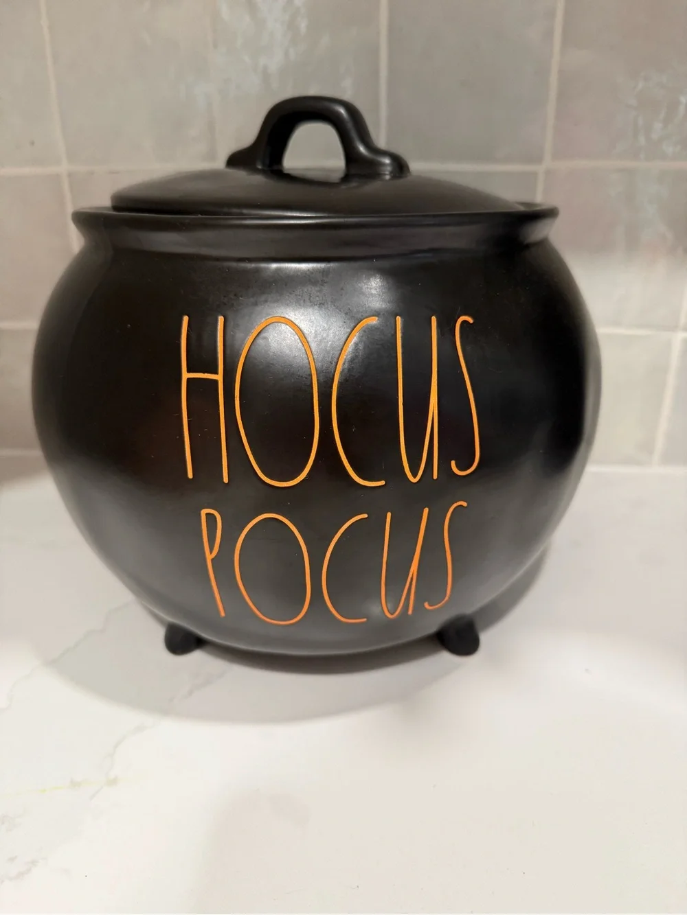 Rae Dunn Black Cauldron Canister with Orange Lettering